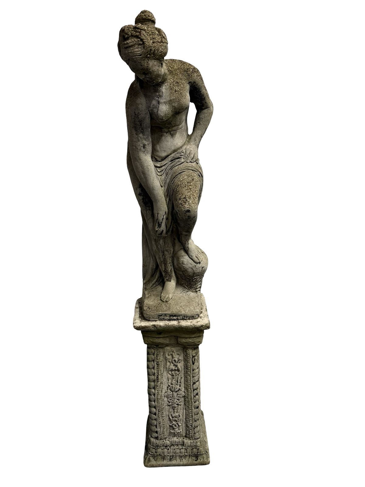 Weathered Antique Stone Statue Semi Naked Lady On Pedestal photo furniture
