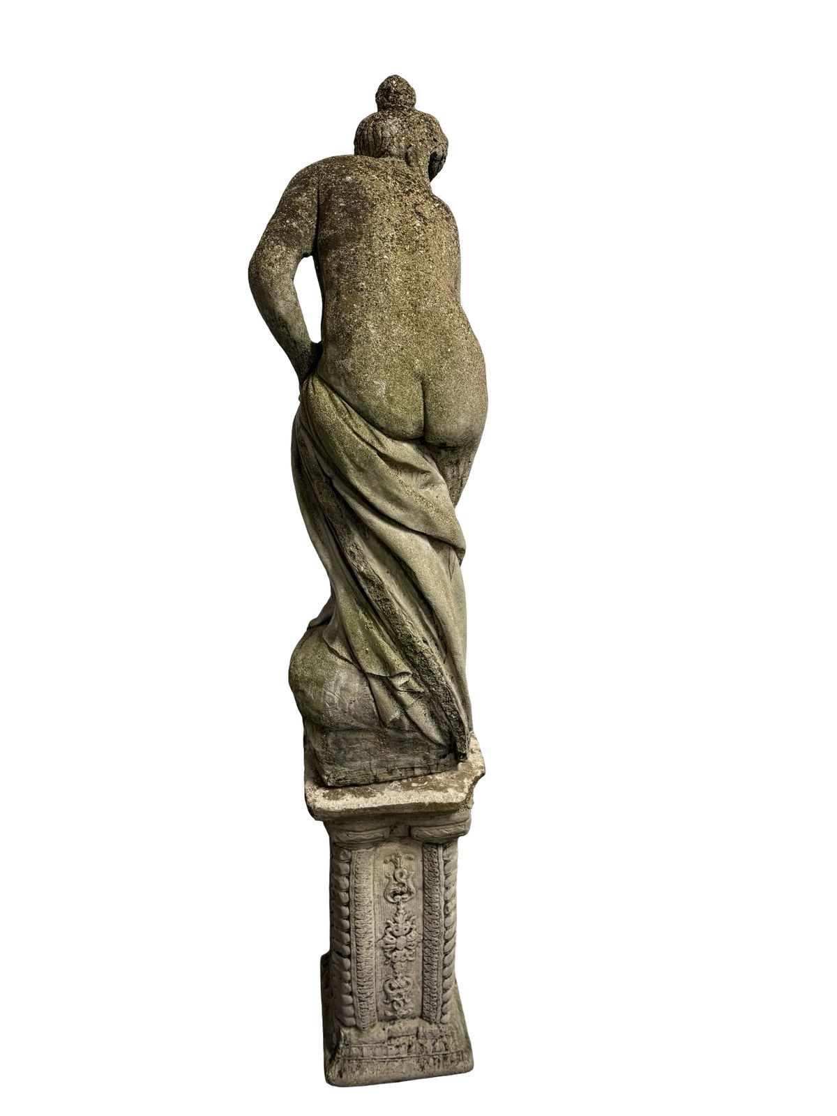 395.0 Weathered Antique Stone Statue Semi Naked Lady On Pedestal photo