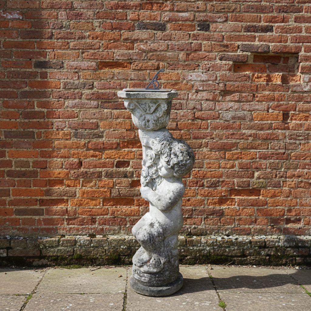 Weathered Antique Stone Garden Sundial On Putti Cherub Pedestal