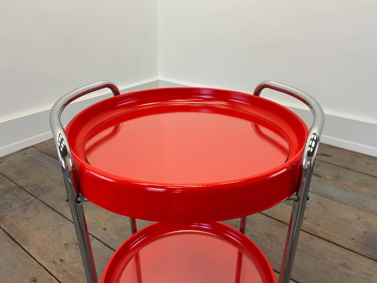 Vintage Mid Century Modern Red Rolling Bar Cart / 2 Tier Plastic, Glass And Chrome Serving Trolley / Retro Space Age Side Table On Casters photo vinterior