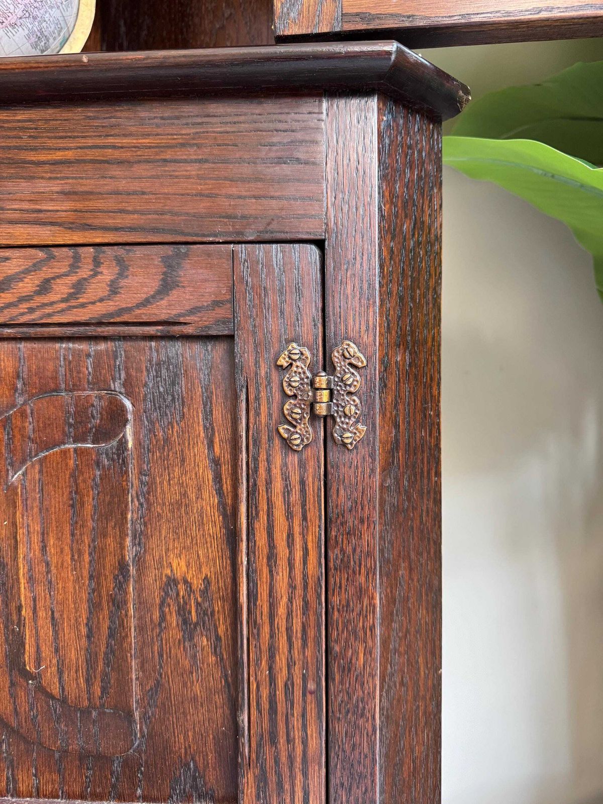 photo for sale Vintage Oak Corner Cupboard Cabinet: Dark Wood Wall Freestanding Shelving Pantry Drinks