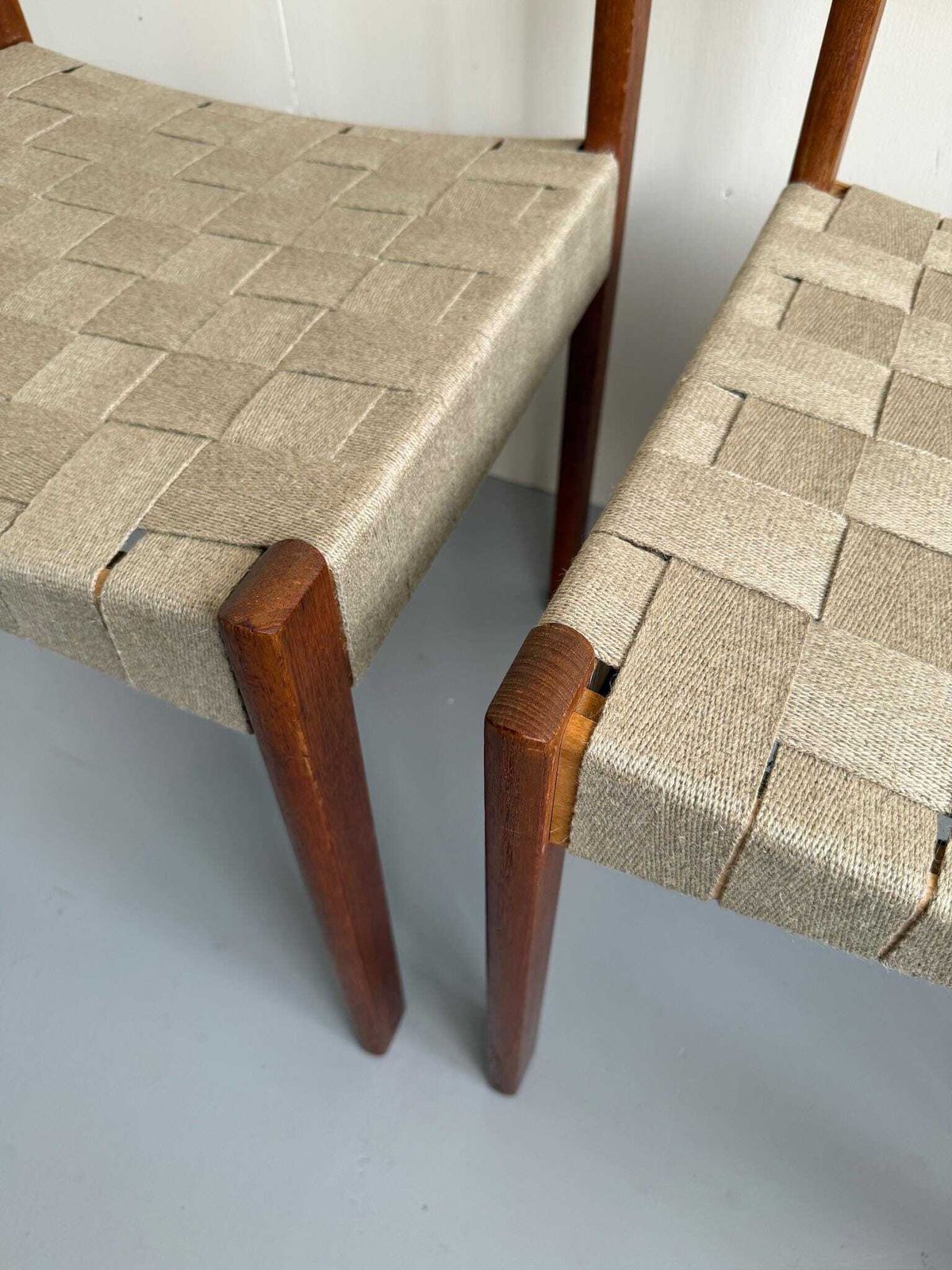 Pair Of Danish Teak Mid Century Dining Chairs With Cream Webbing Strap Seats photo vintage