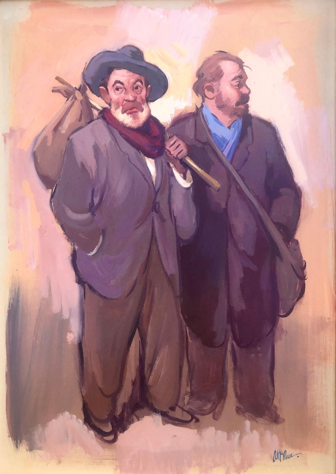 Albert Roca – Spaans figuratief olieverfschilderij met reizigers, genrescène en karakterstudie, moderne kunst, ca. 1990