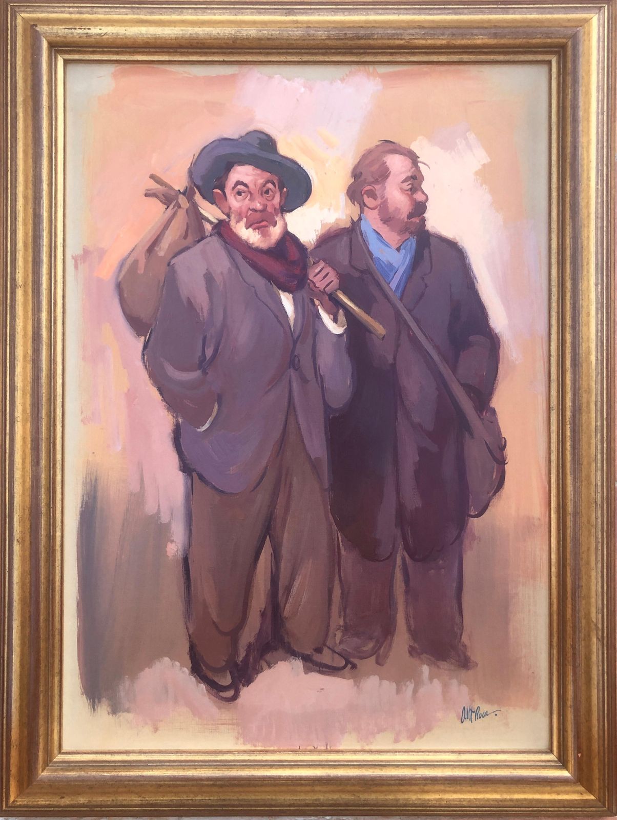 Albert Roca – Spaans figuratief olieverfschilderij met reizigers, genrescène en karakterstudie, moderne kunst, ca. 1990 photo furniture
