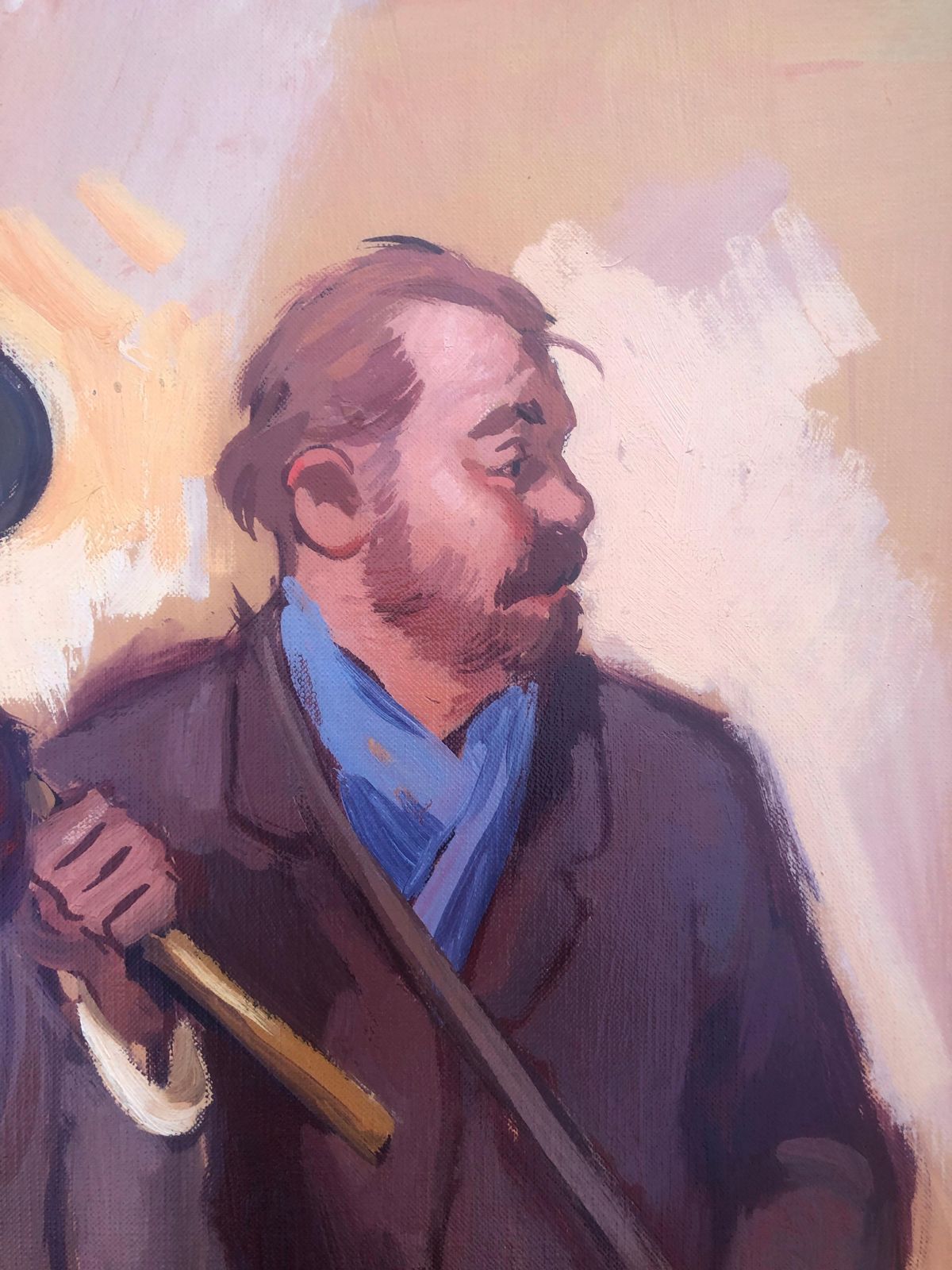 Albert Roca – Spaans figuratief olieverfschilderij met reizigers, genrescène en karakterstudie, moderne kunst, ca. 1990 photo Kunst