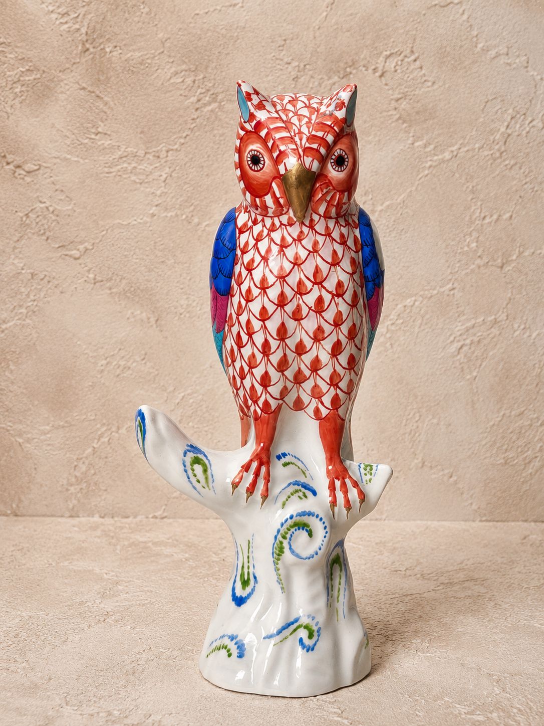 Herend Handpainted Red Fishnet “Young Owl” Porcelain Figure
