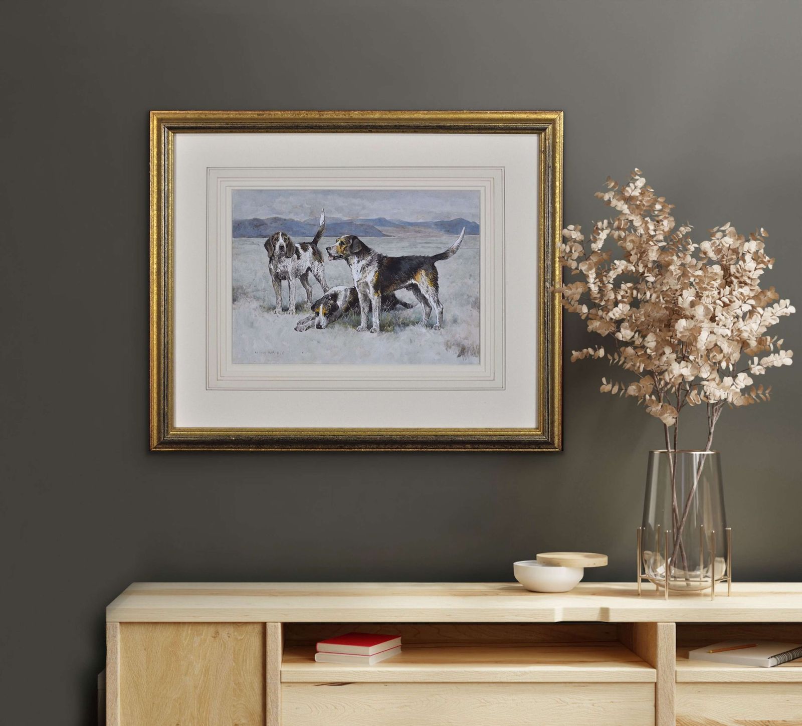 photo furniture Arthur Wardle, 1864-1949. Anglais. Une meute de chiens gallois au pays de Galles. Aquarelle victorienne encadrée représentant des chiens, 1900.