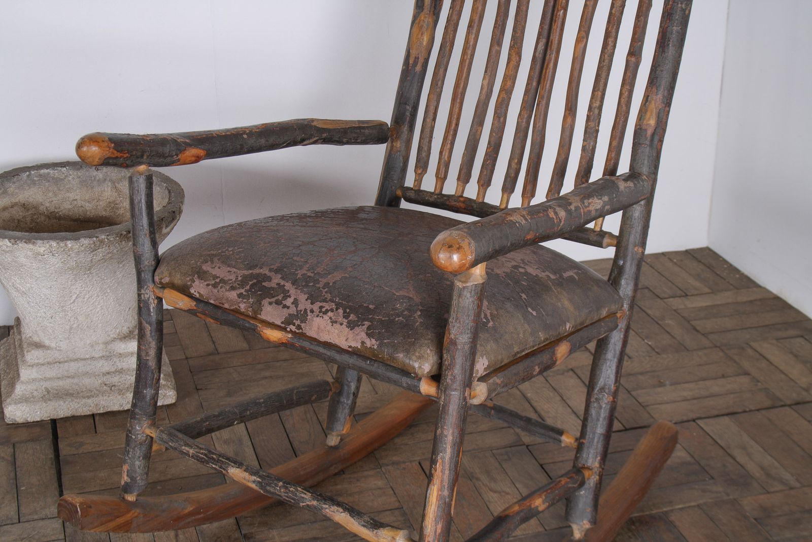 Antique American Stick Back Rocking Chair With Distressed Patina And Leather Seat photo 1585.0