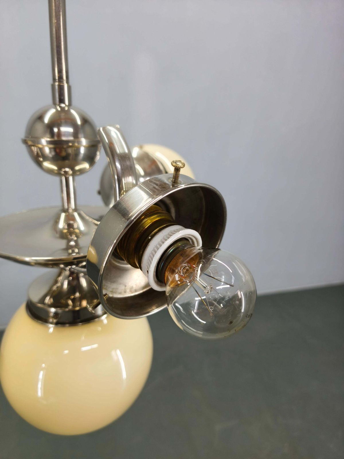 Lighting Bauhaus Globe Chandelier Czechoslovakia 1930s Chrome Pendant. photo