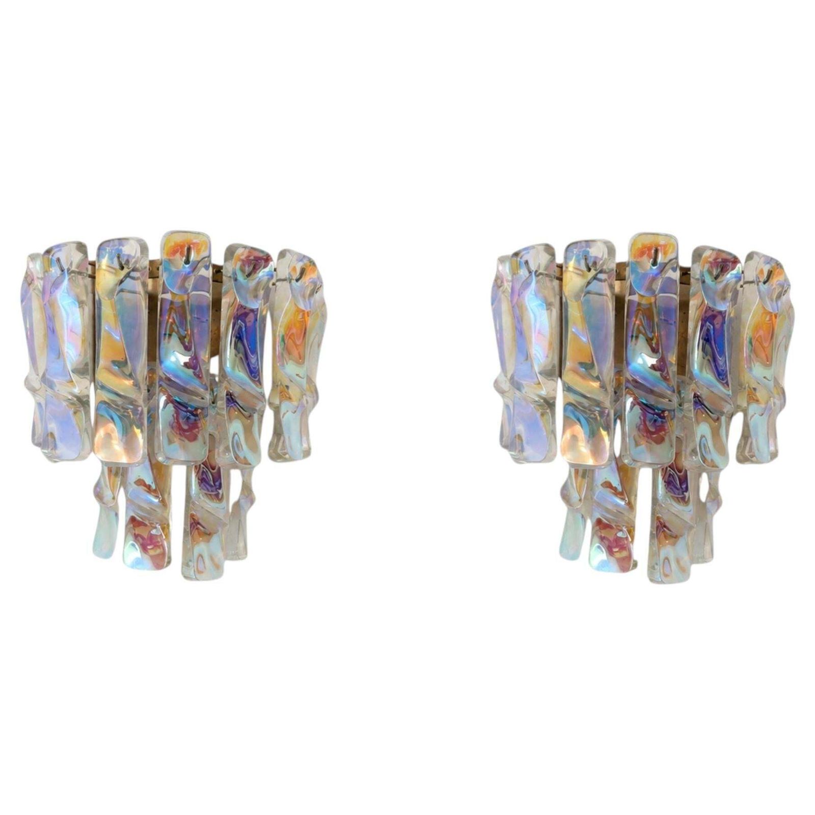 Pair Of Iridescent Wall Lights Murano Glass Sconces Vistosi Style, Italy, 1970s