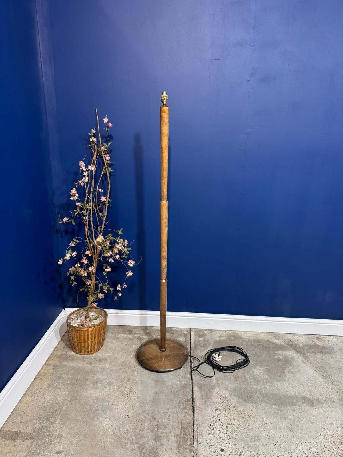 Vintage Mid Century Standard Lamp Floor Light Wood Oak Pebble Base Retro