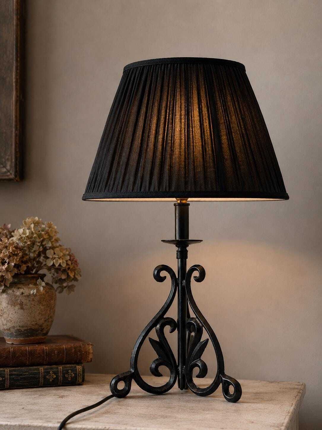 Vintage Wrought Iron Table Lamp Base | Black Scroll Metal Lamp | Gothic French Country Decor