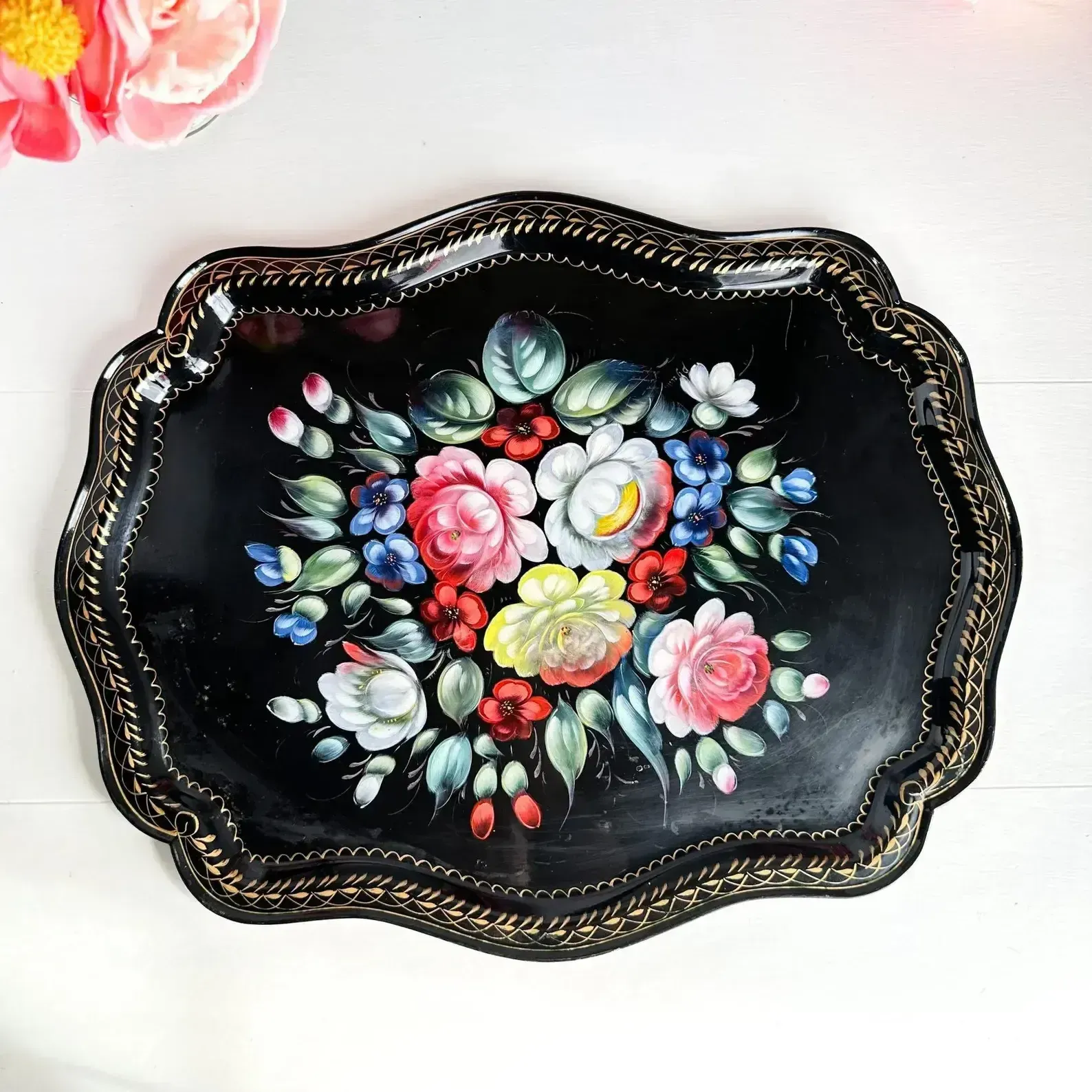 Zhostovo Folk Art Metal Tray Hand Painted Floral Vintage
