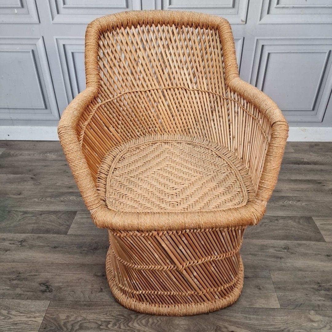 Vintage Rattan Armchair Tub Chair Natural Wicker Barrel Seat Retro Mid Century photo Furniture