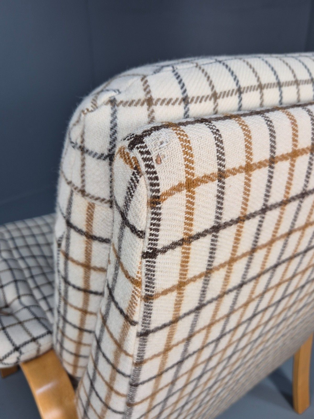 photo buy Vintage Bentwood Lounge Chair Danish Cream Wool Check 1980s Retro Eb10334 Mben
