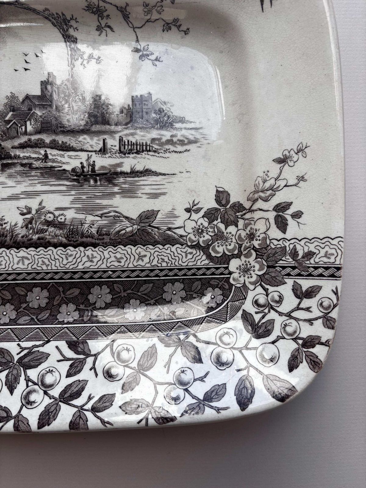 Antique Brown Transferware Platter, Hill Pottery Rustic Serving Dish, Victorian English Ceramic Tray, Country House Decor photo vinterior