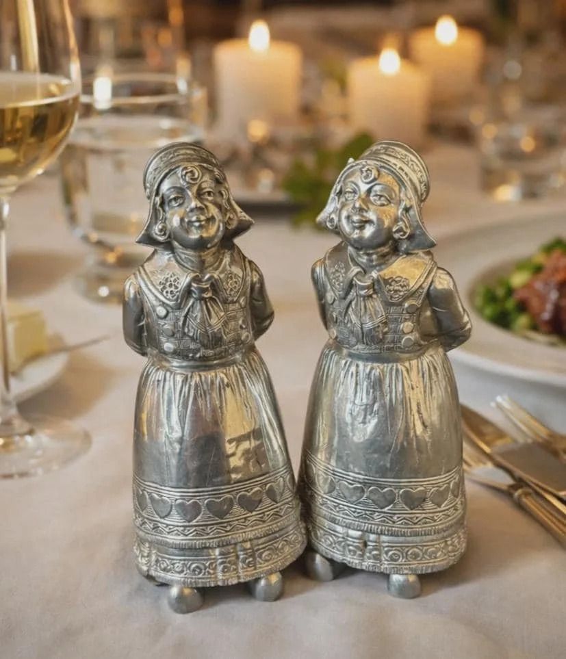 Very Large Antique Solid Silver Dutch Girl Peppers C1900 250g 930 Grade Silver