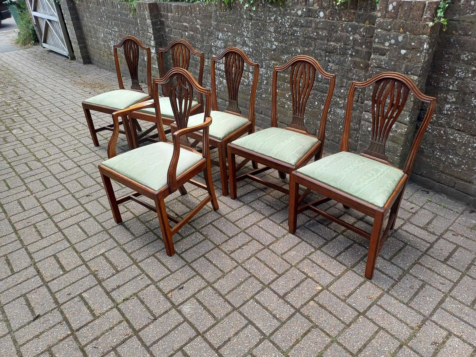 Set Of 6 Vintage Repro Mahogany Dining Chairs Carver Chair Chippendale Style Chairs Green Upholstery Vintage Dining Set photo Furniture