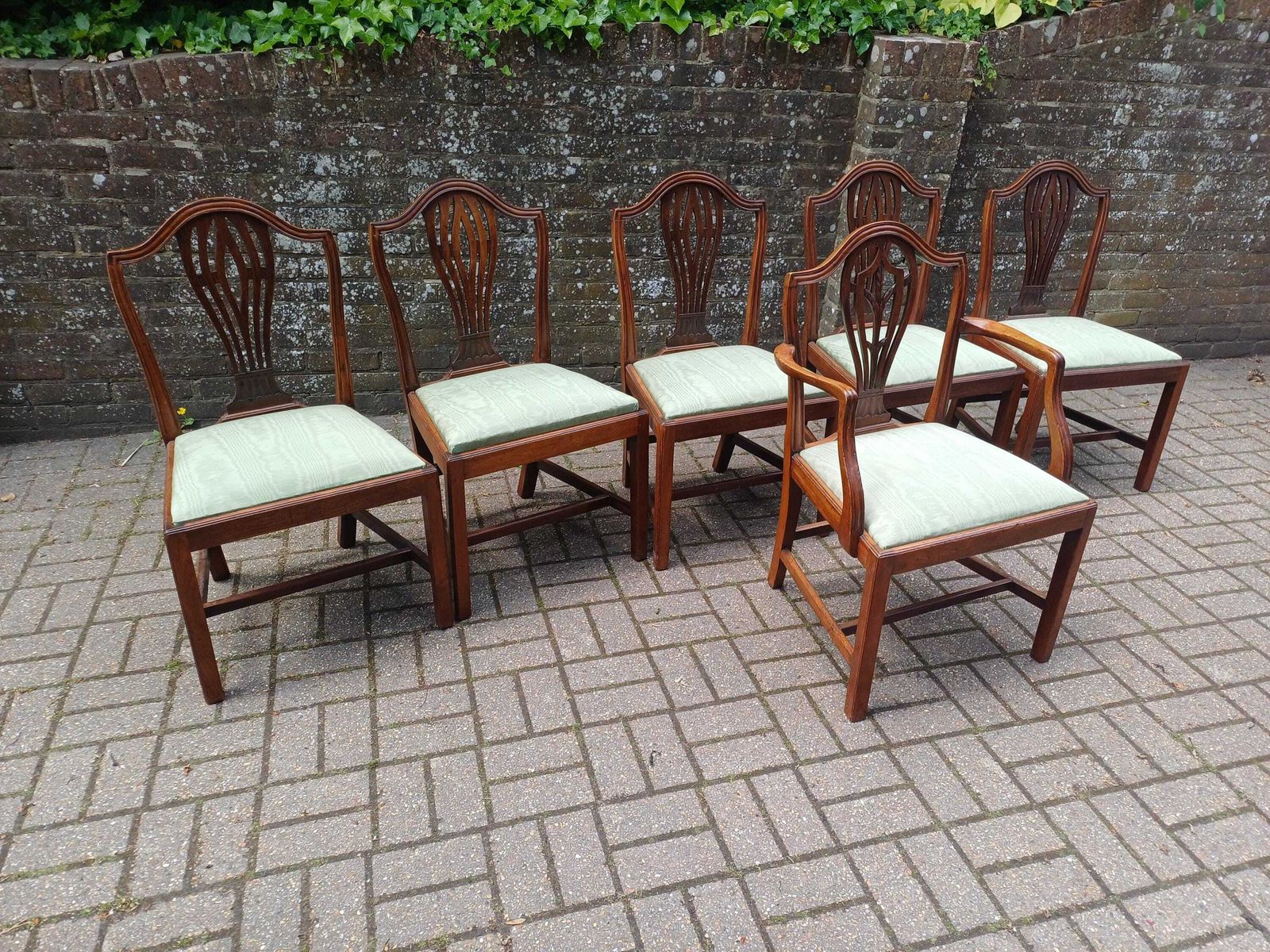 Set Of 6 Vintage Repro Mahogany Dining Chairs Carver Chair Chippendale Style Chairs Green Upholstery Vintage Dining Set photo 595.0