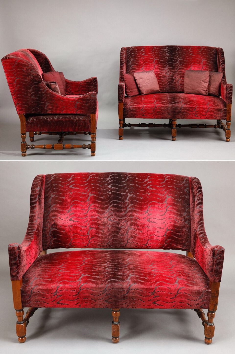 Pair Of Large Louis XIII Style Sofas In Burgundy Red Velvet photo furniture