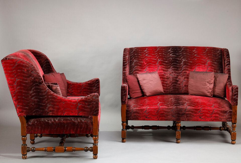 Pair Of Large Louis XIII Style Sofas In Burgundy Red Velvet photo for sale