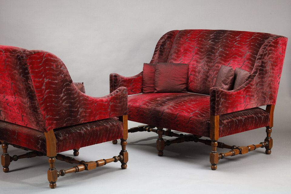 Pair Of Large Louis XIII Style Sofas In Burgundy Red Velvet photo vinterior