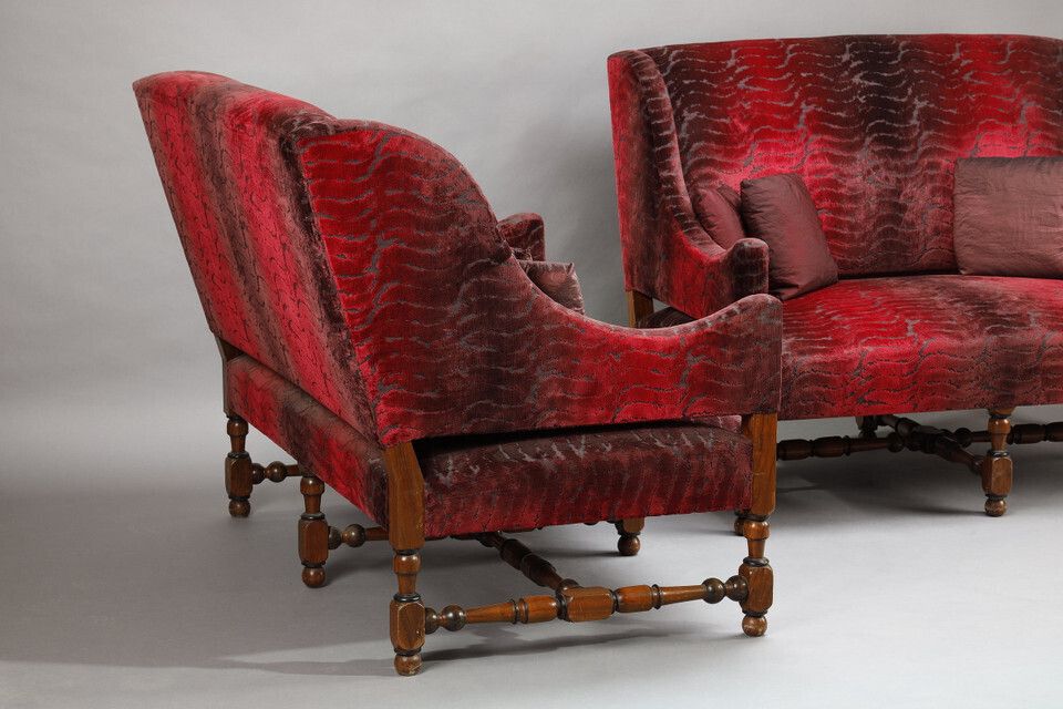 Pair Of Large Louis XIII Style Sofas In Burgundy Red Velvet photo buy