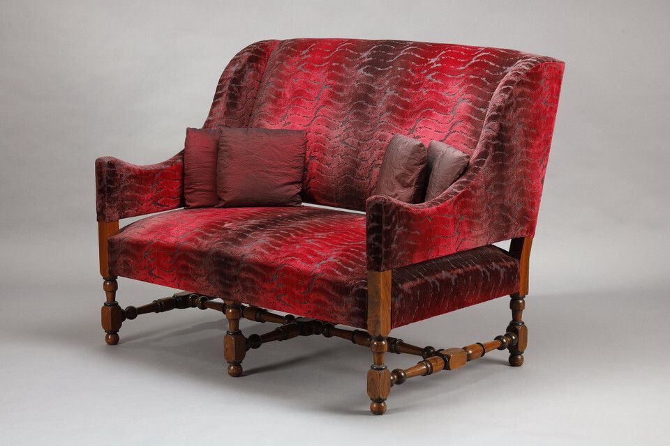 Pair Of Large Louis XIII Style Sofas In Burgundy Red Velvet photo vintage