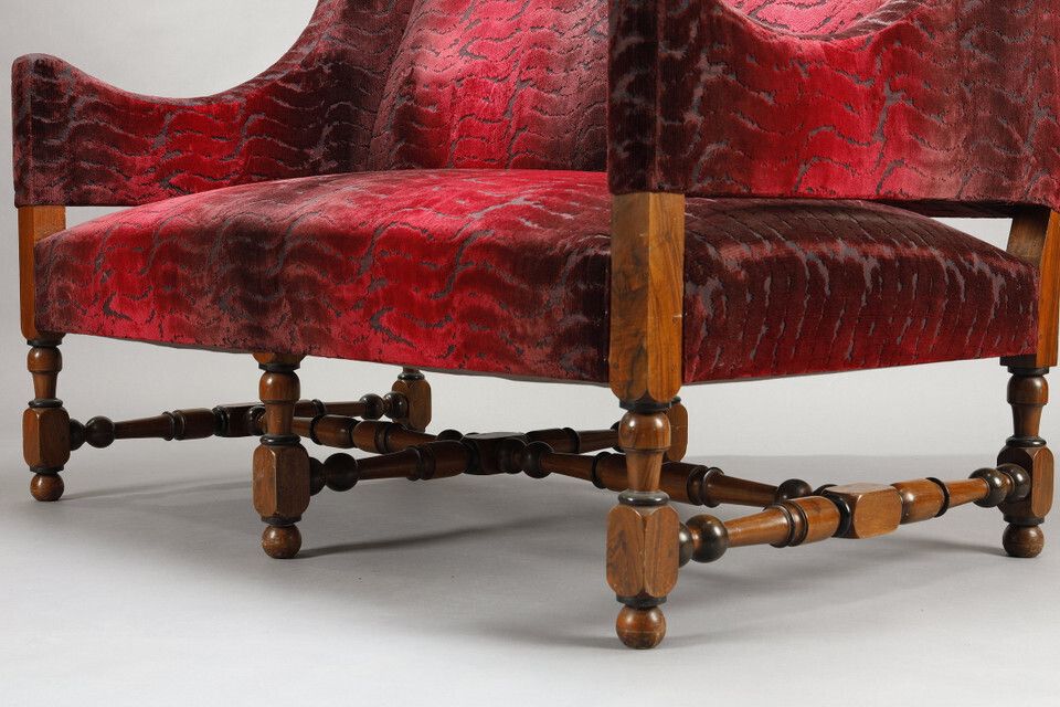 3904.0 Pair Of Large Louis XIII Style Sofas In Burgundy Red Velvet photo