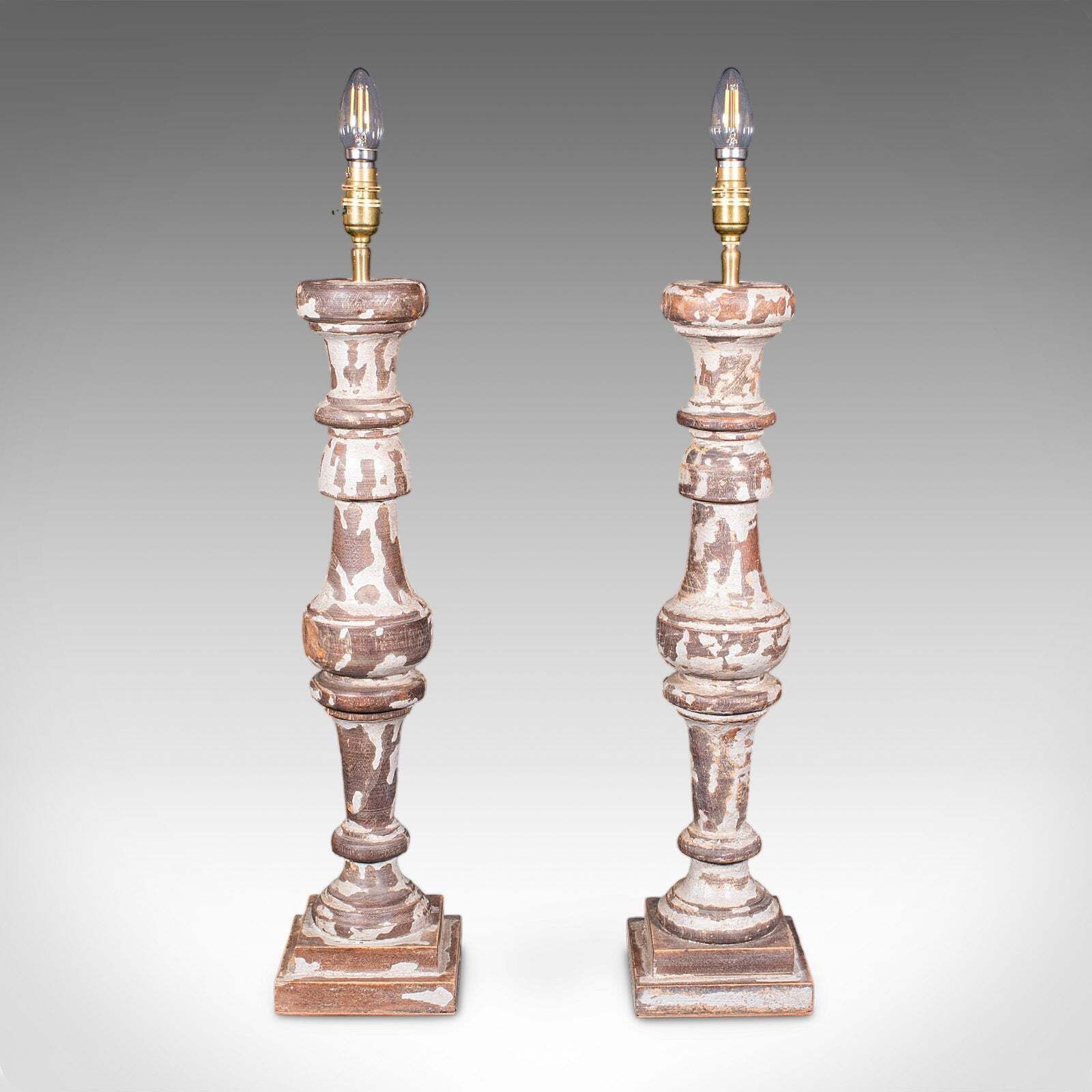 Pair Of Antique Lamp Bases, English, Painted Pine Electric Light, Late Victorian photo for sale