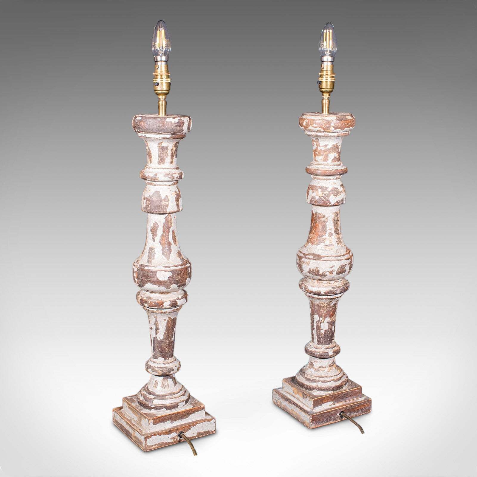 Pair Of Antique Lamp Bases, English, Painted Pine Electric Light, Late Victorian photo Lighting