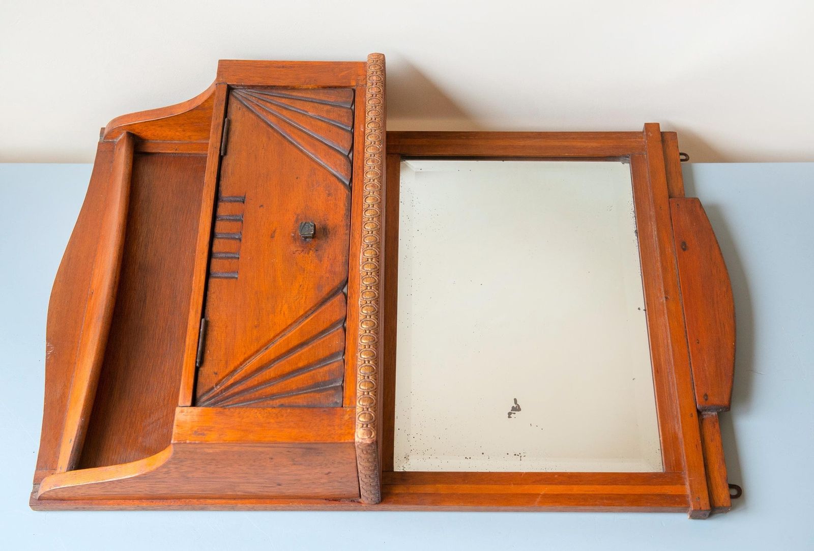 photo vinterior Antique Dutch Jugendstil Wall Cabinet   Geometric Oak Mirror Cabinet   Early Art Deco Influence