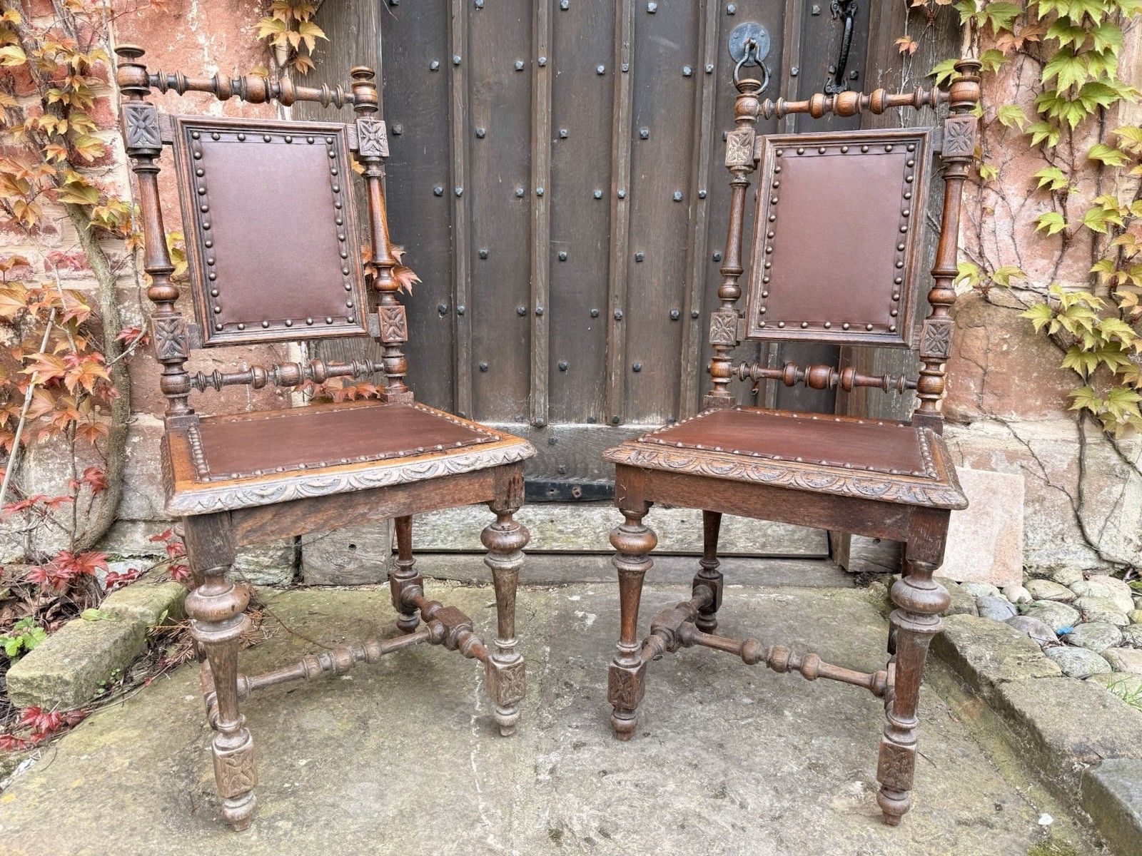 899.0 Set  8  Antique French  Oak Renaissance Revival Henri II Style Dining Chairs photo