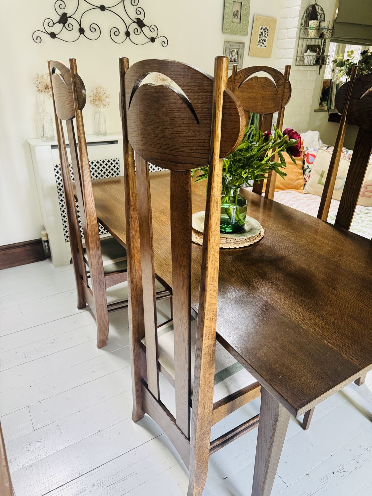 Set Of Four Oak Dining Chairs And 6ft X 3 Ft Oak Dining Table Produced Under Licence By Freud Limited London To A Design By Charles Rennie Mackintosh photo Furniture