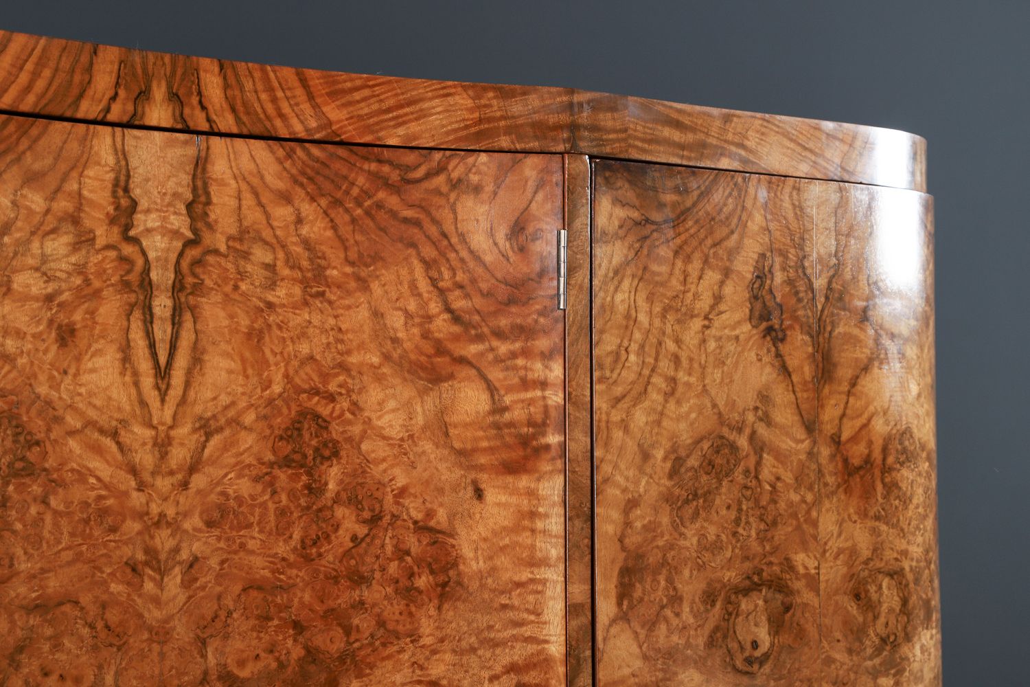 Large English Art Deco Burr Walnut Fitted Serpentine Armoire Wardrobe Closet (Circa 1930) photo vinterior