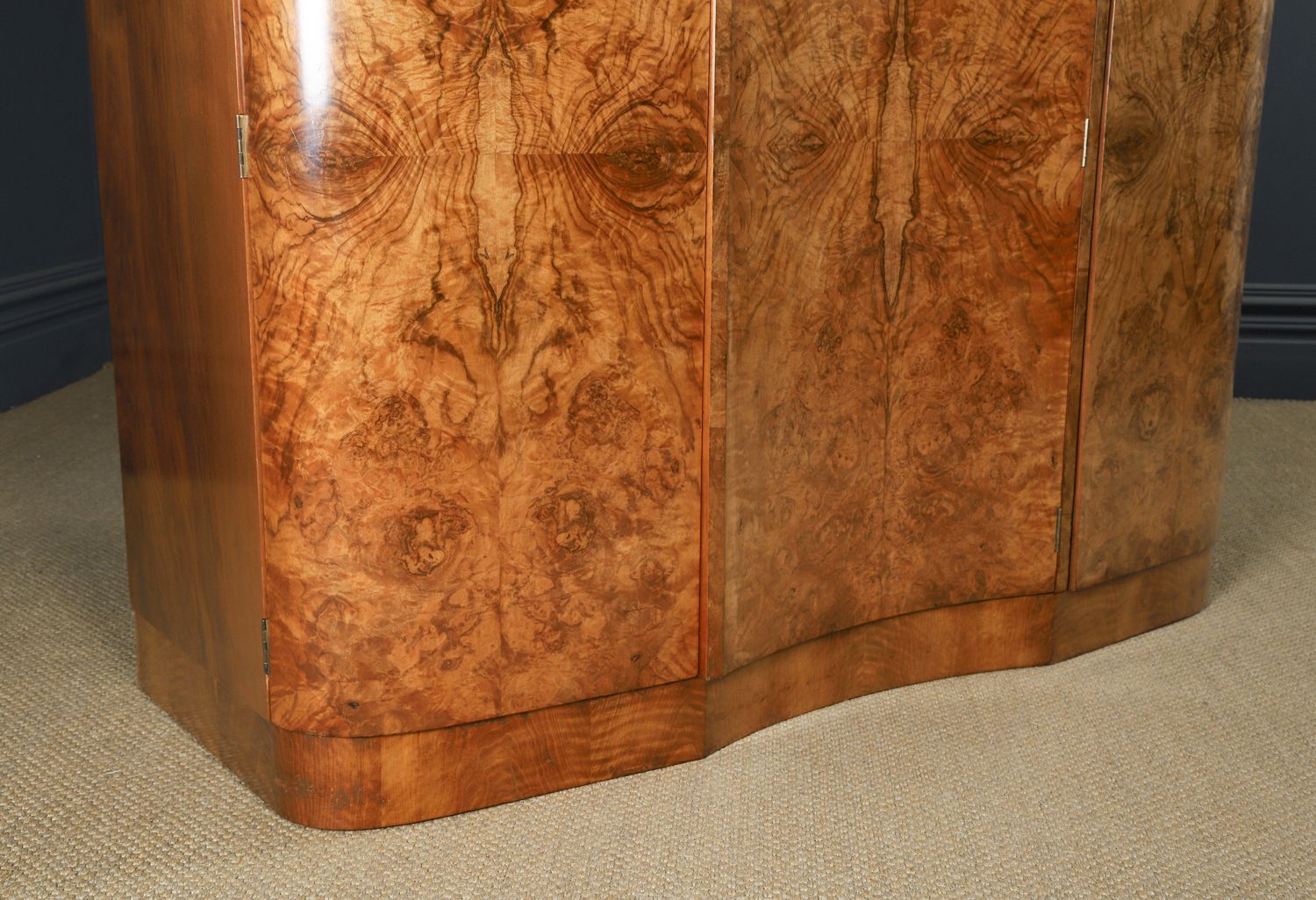 photo furniture Large English Art Deco Burr Walnut Fitted Serpentine Armoire Wardrobe Closet (Circa 1930)
