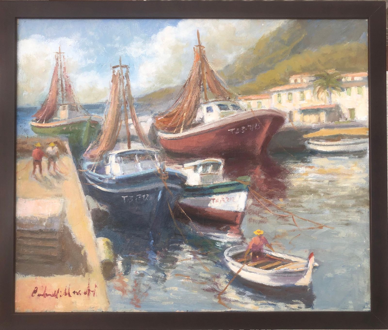 Francisco Carbonell Massabe Mediterranean Fishing Harbor Boats Coastal Spain Oil Canvas Painting Tarragona C.1995 photo furniture