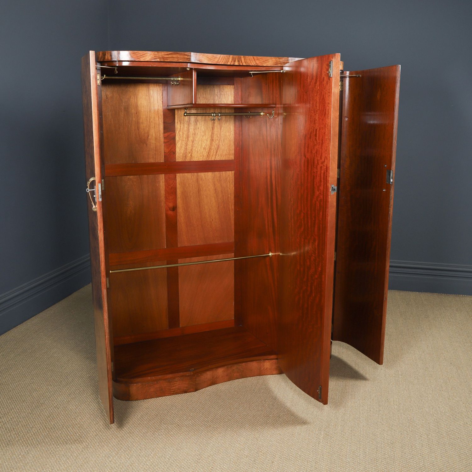 photo buy Large English Art Deco Burr Walnut Fitted Serpentine Armoire Wardrobe Closet (Circa 1930)