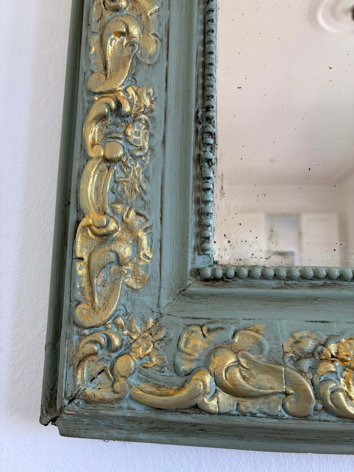 Large Antique French Louis Philippe Mirror – Green And Gold, Late 19th Century photo for sale