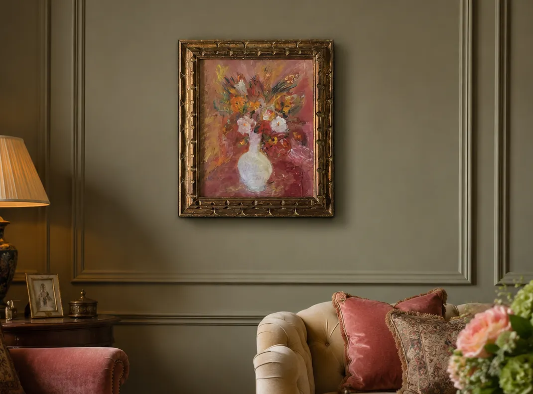 Still Life Floral Oil Painting Early 20th Century Antique Giltwood Frame photo furniture