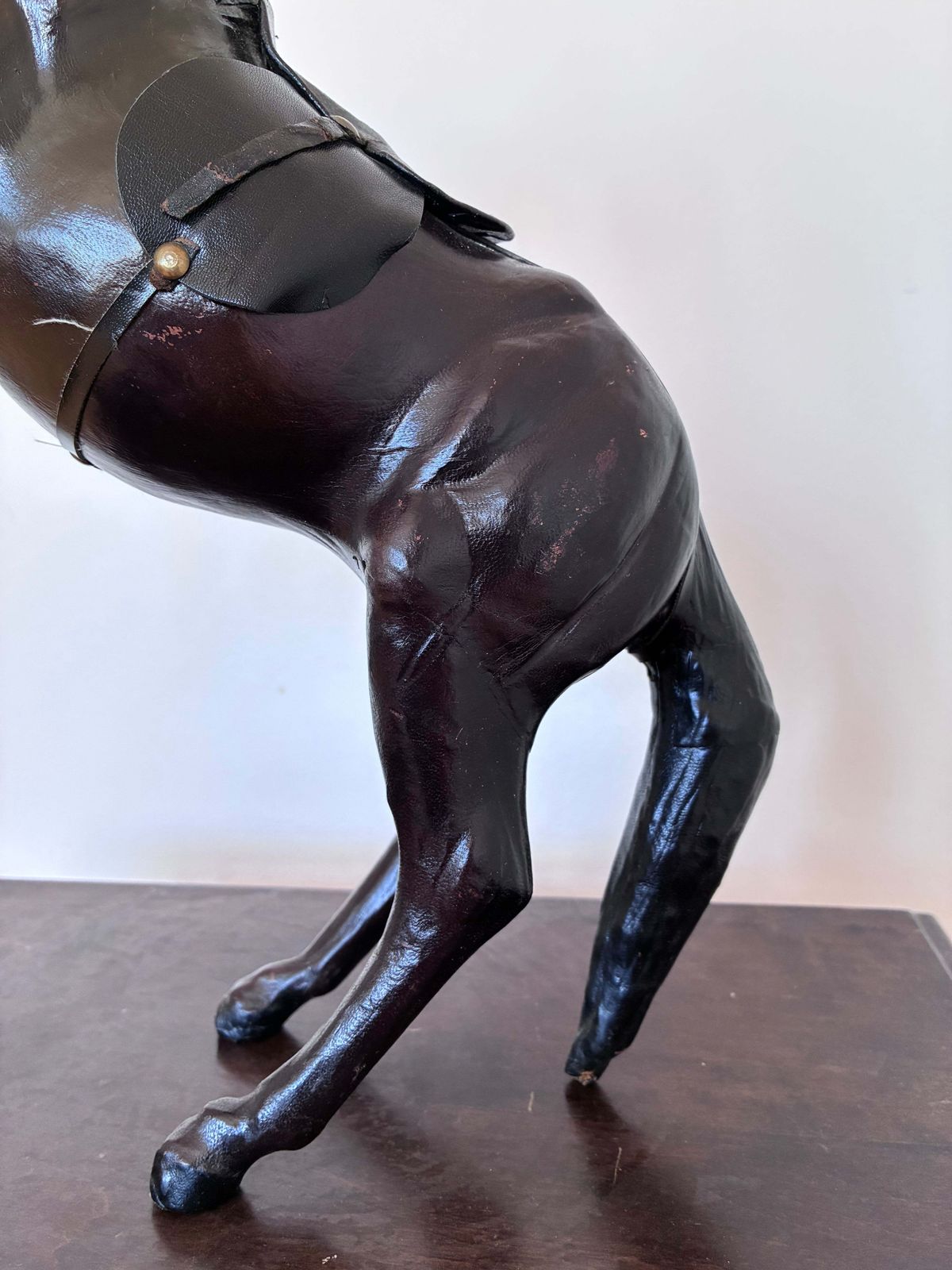 Art Vintage Handcrafted Leather Horse Statue With Brass Appointments photo