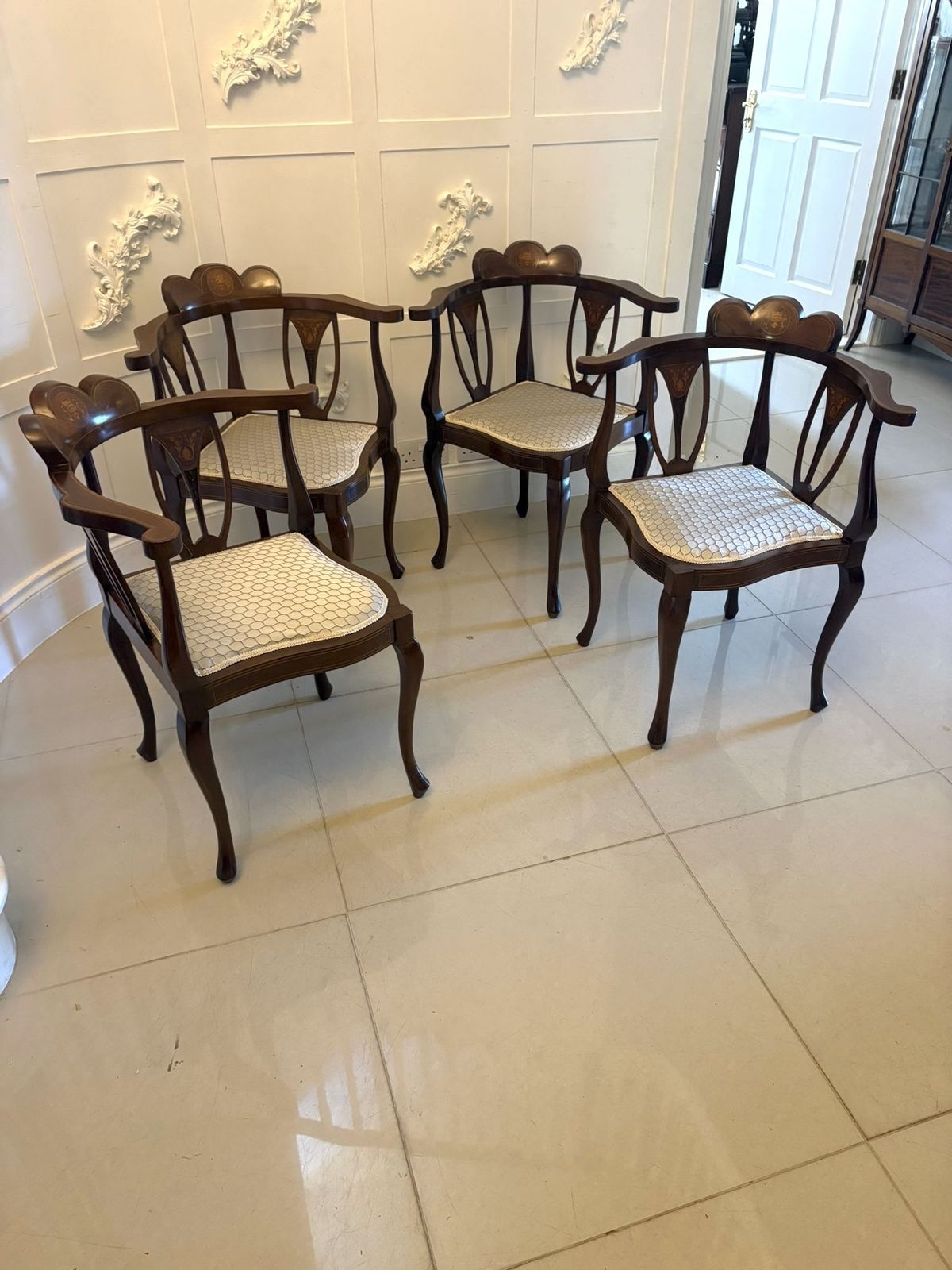 photo buy Antique Early 20th Century Inlaid Mahogany Corner Chairs Set Of 4