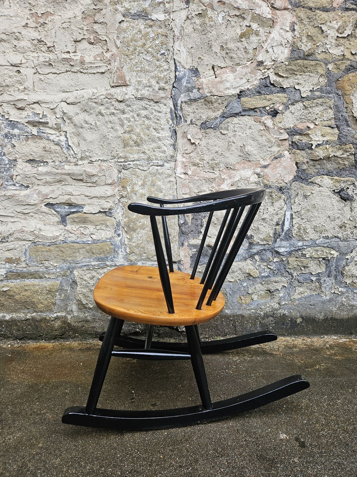 275.0 Ercol Cow Horn Bow Top Rocking Chair By Lucian Ercolani Model Number 452 In Black And Elm Mid Century Furniture photo