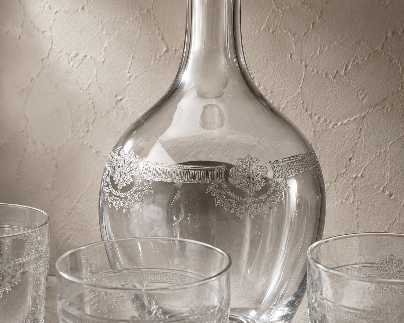 Saint Louis Style Cut Glass Decanter With 6  Matching Short Tumblers