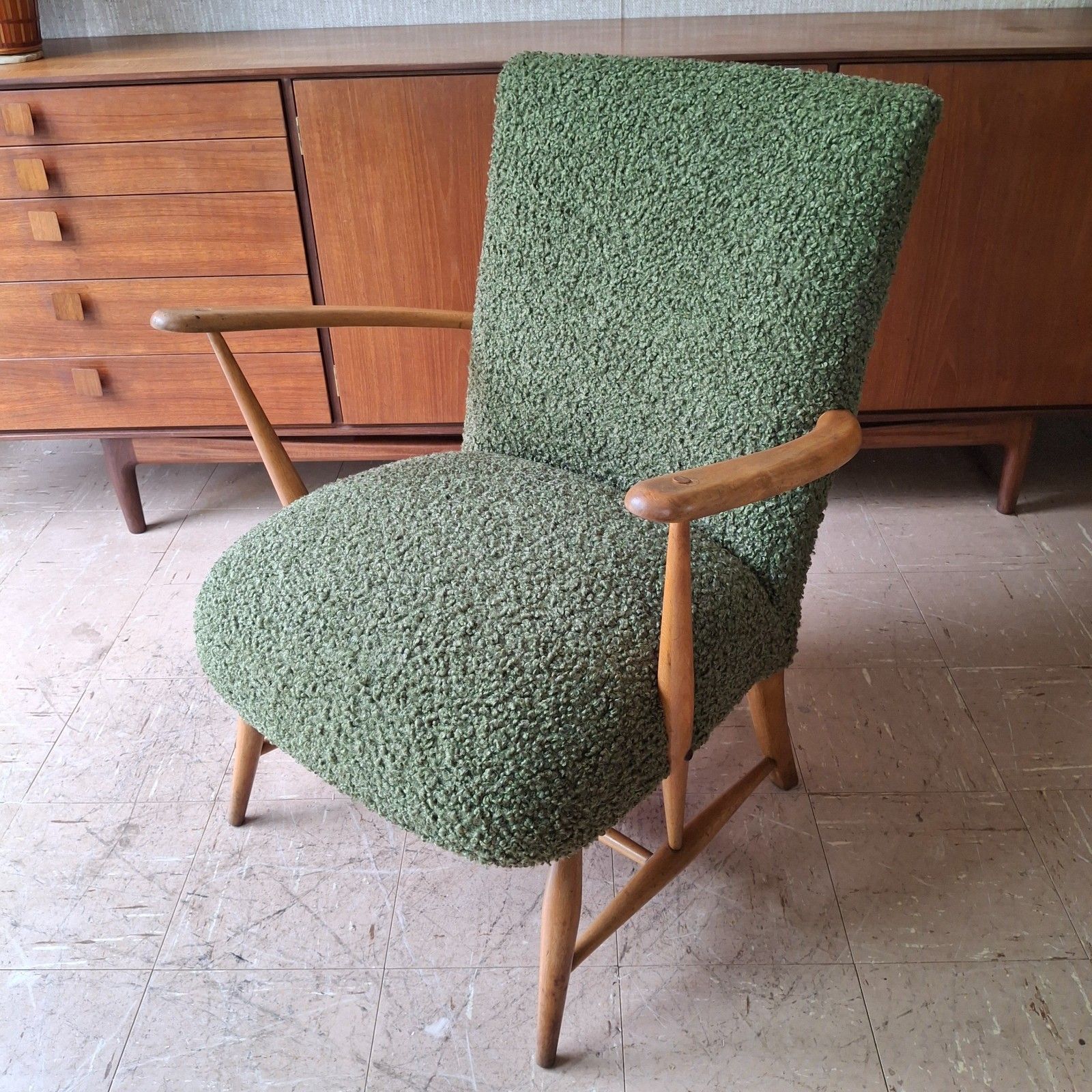 Fab Vintage 1950s Reworked Ercol 248 Chair Blue Label Forest Green Chunky Boucle photo vinterior
