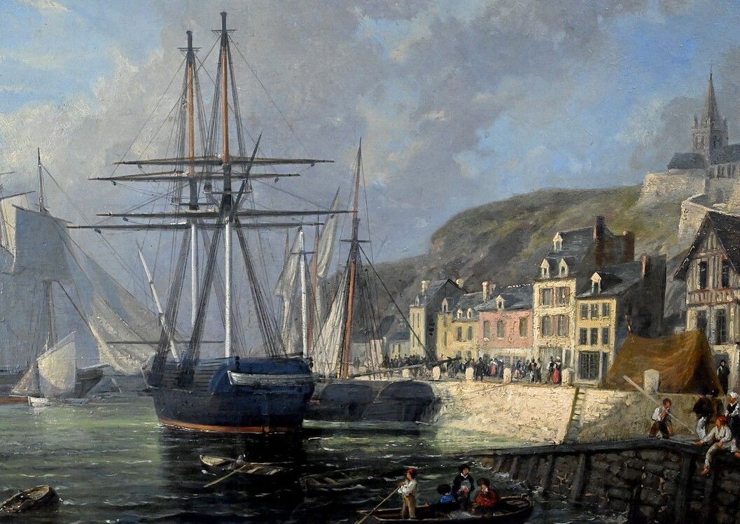 Painting “Quai En Lumière”, Oil On Panel, Signed Jules D’évry – Mid 199th photo vintage