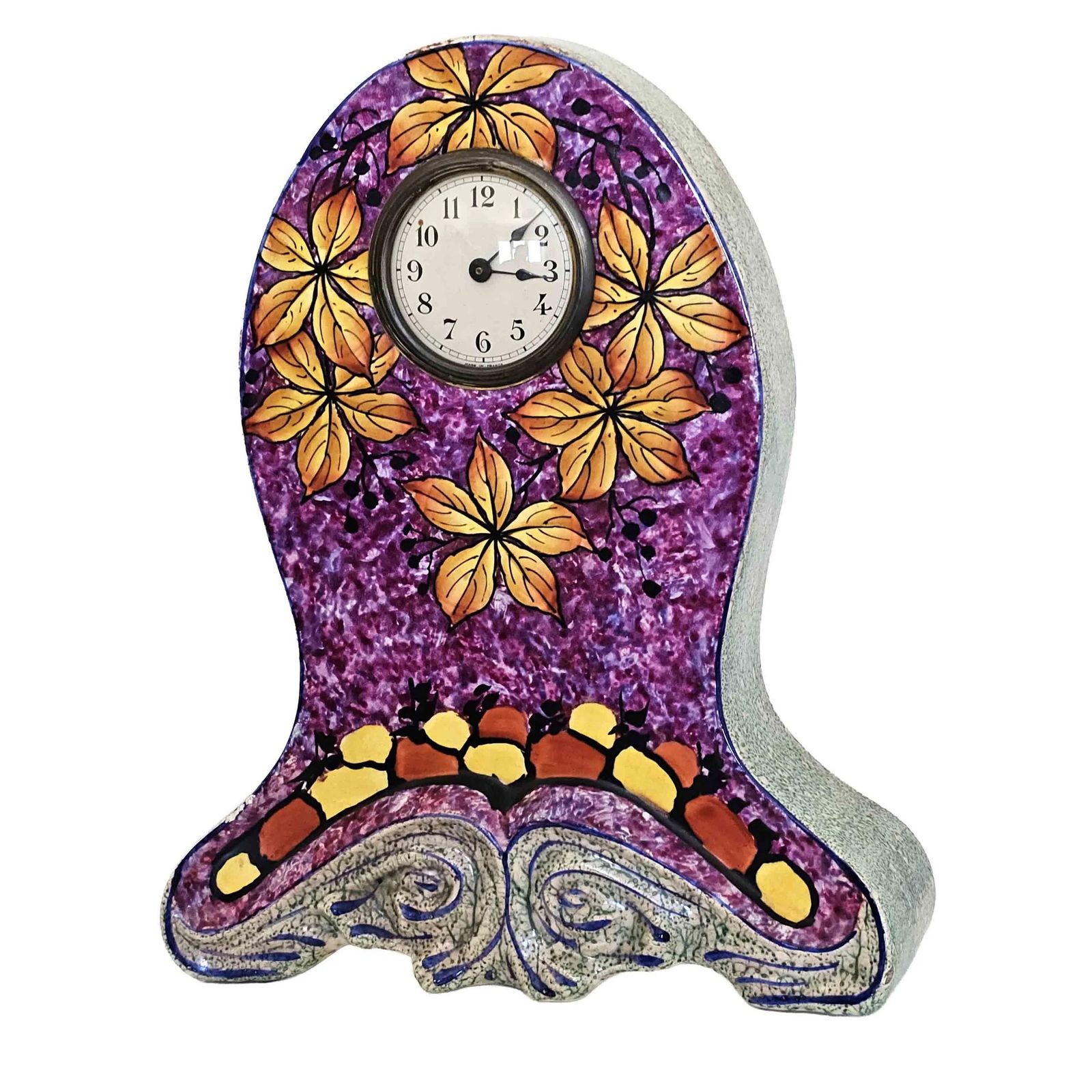 Early 20th Century Antique French Ceramic Mantle Clock Bright & Colourful Leaf Motif photo furniture