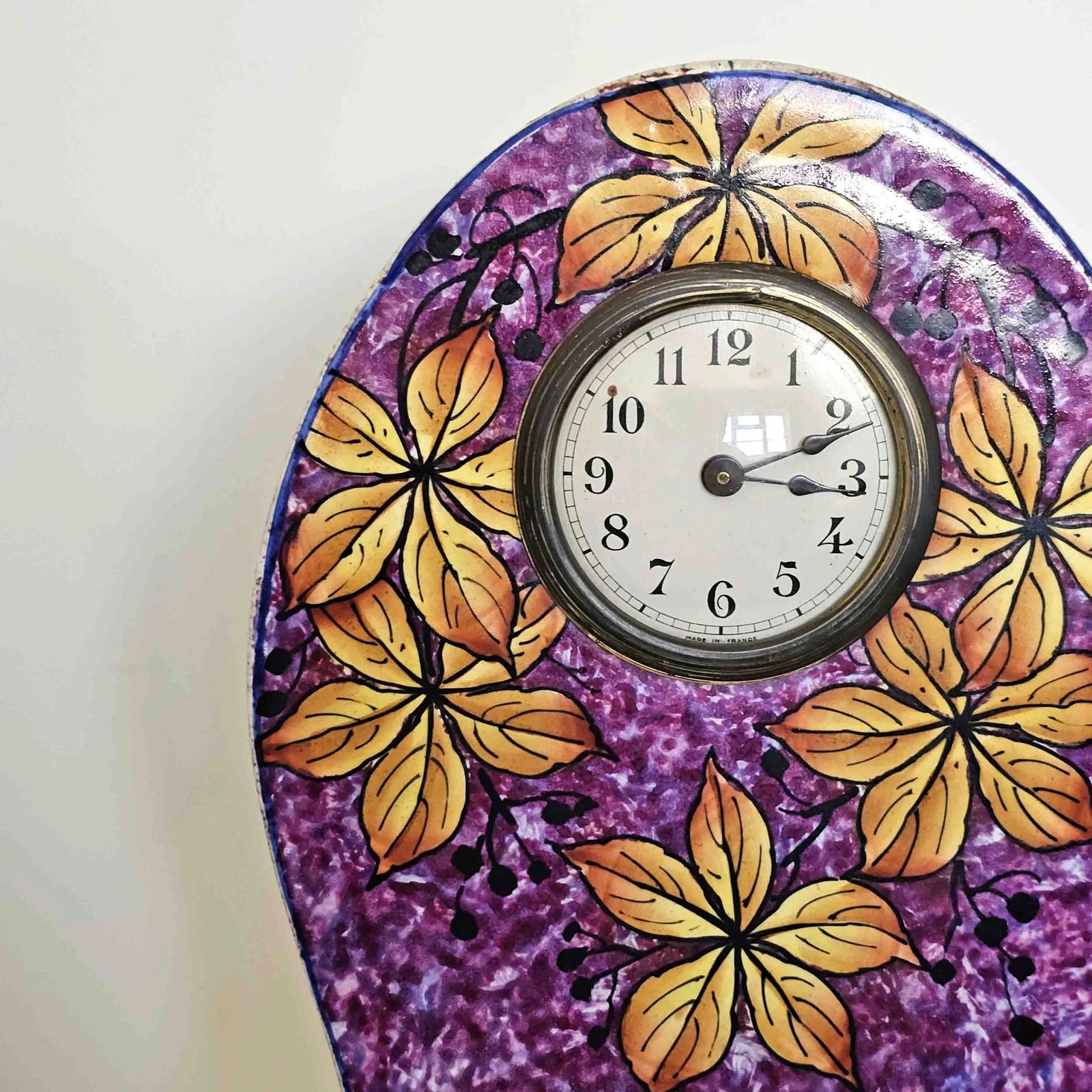 Early 20th Century Antique French Ceramic Mantle Clock Bright & Colourful Leaf Motif photo for sale