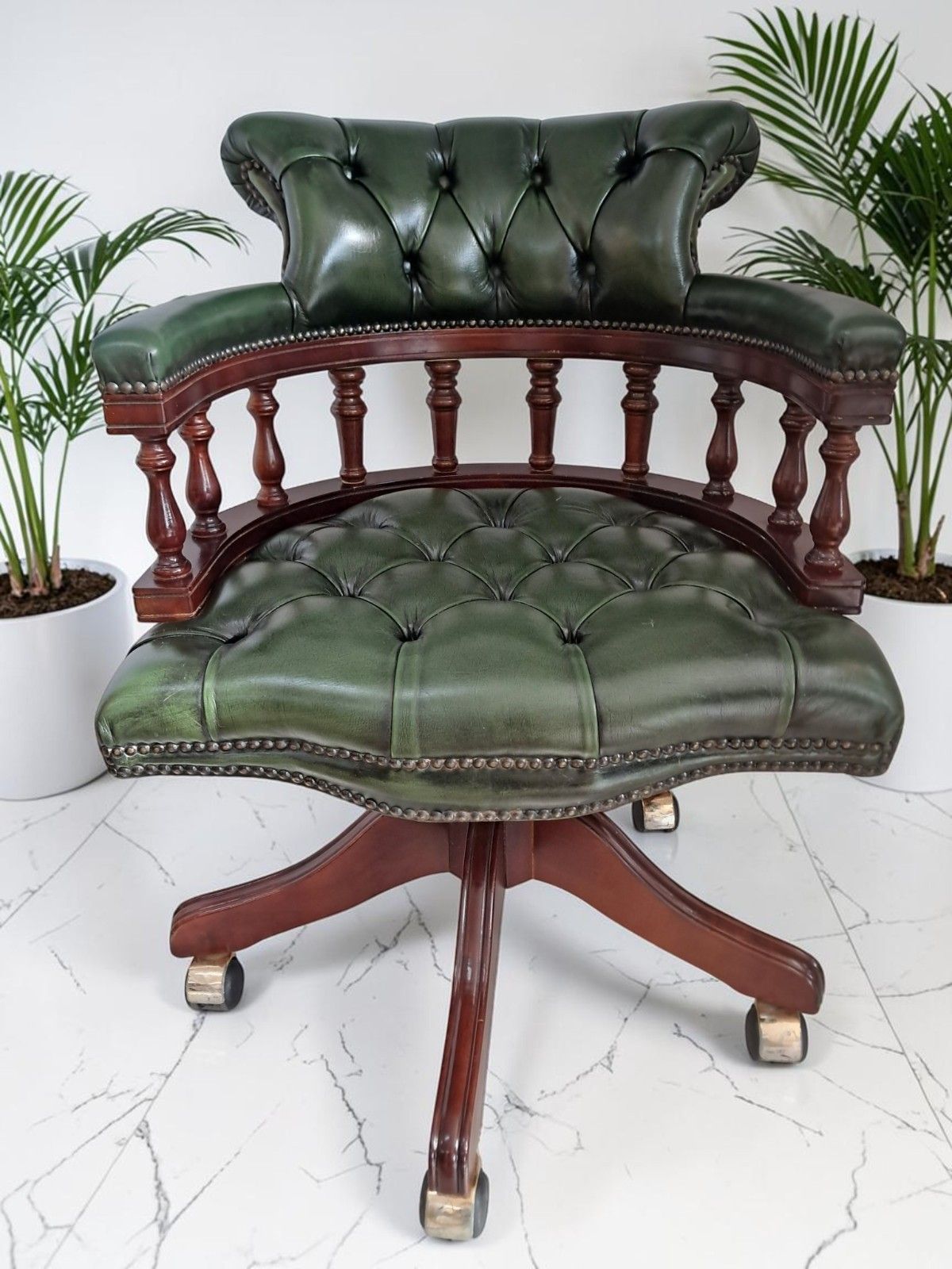 Antique Style Captains Chair Chesterfield Style Green Leather Swivel & Tilt Desk photo for sale