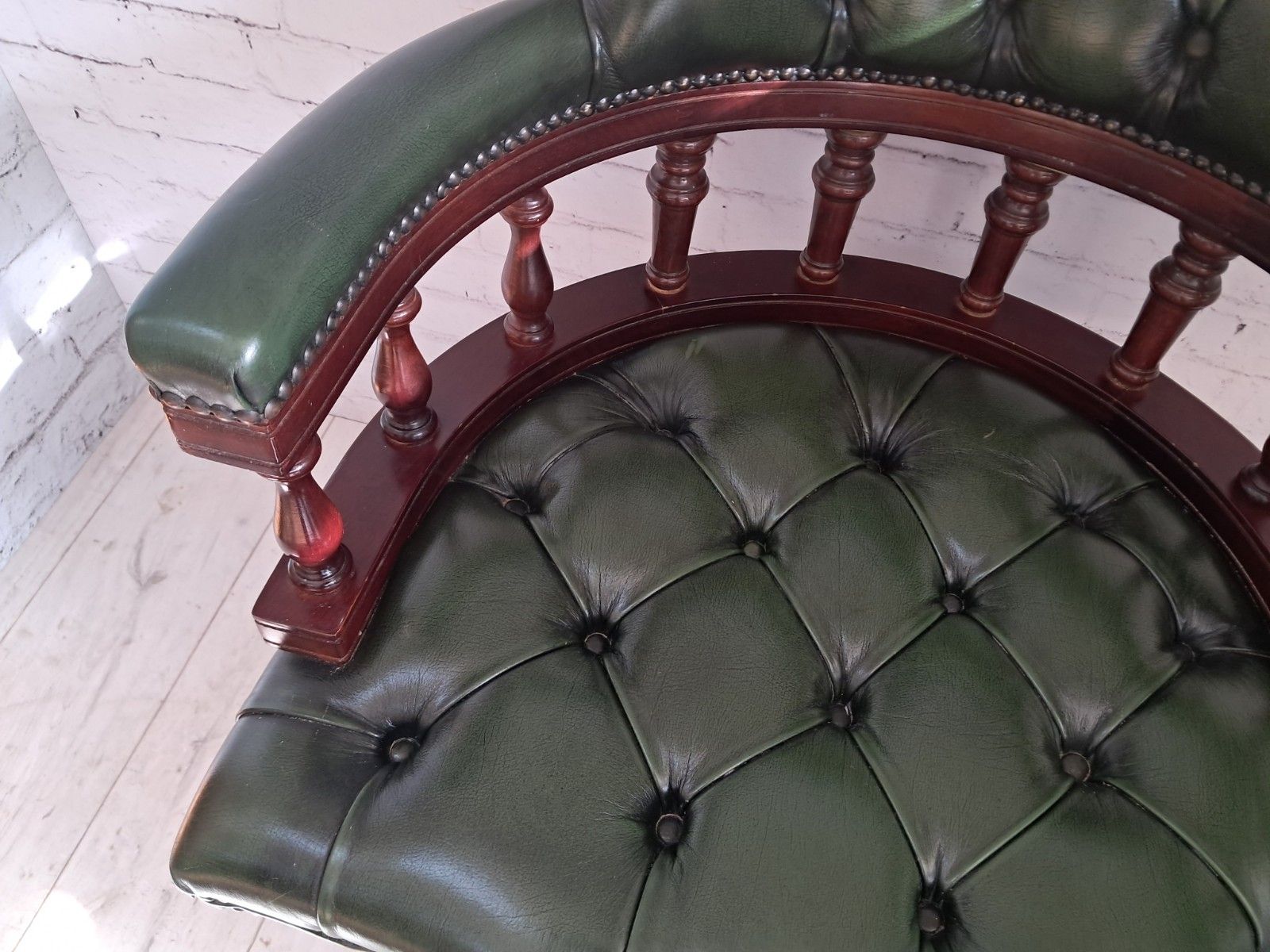 Furniture Antique Style Captains Chair Chesterfield Style Green Leather Swivel & Tilt Desk photo